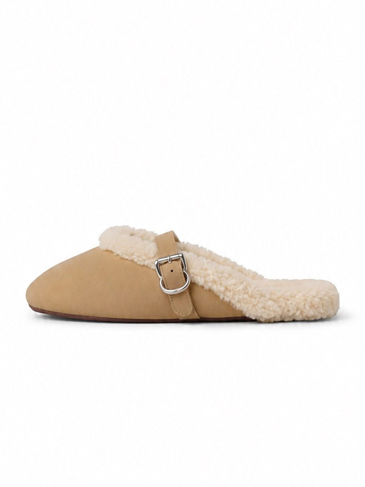 Camel Faux Suede And Plush Square-Toe Mary Jane Slip-On Backless Flats
