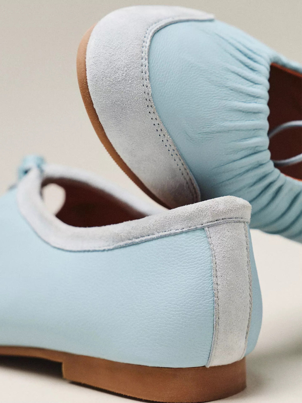 Sky Blue Faux Suede And Vegan Leather Round-Toe Mary Jane Ballet Flats