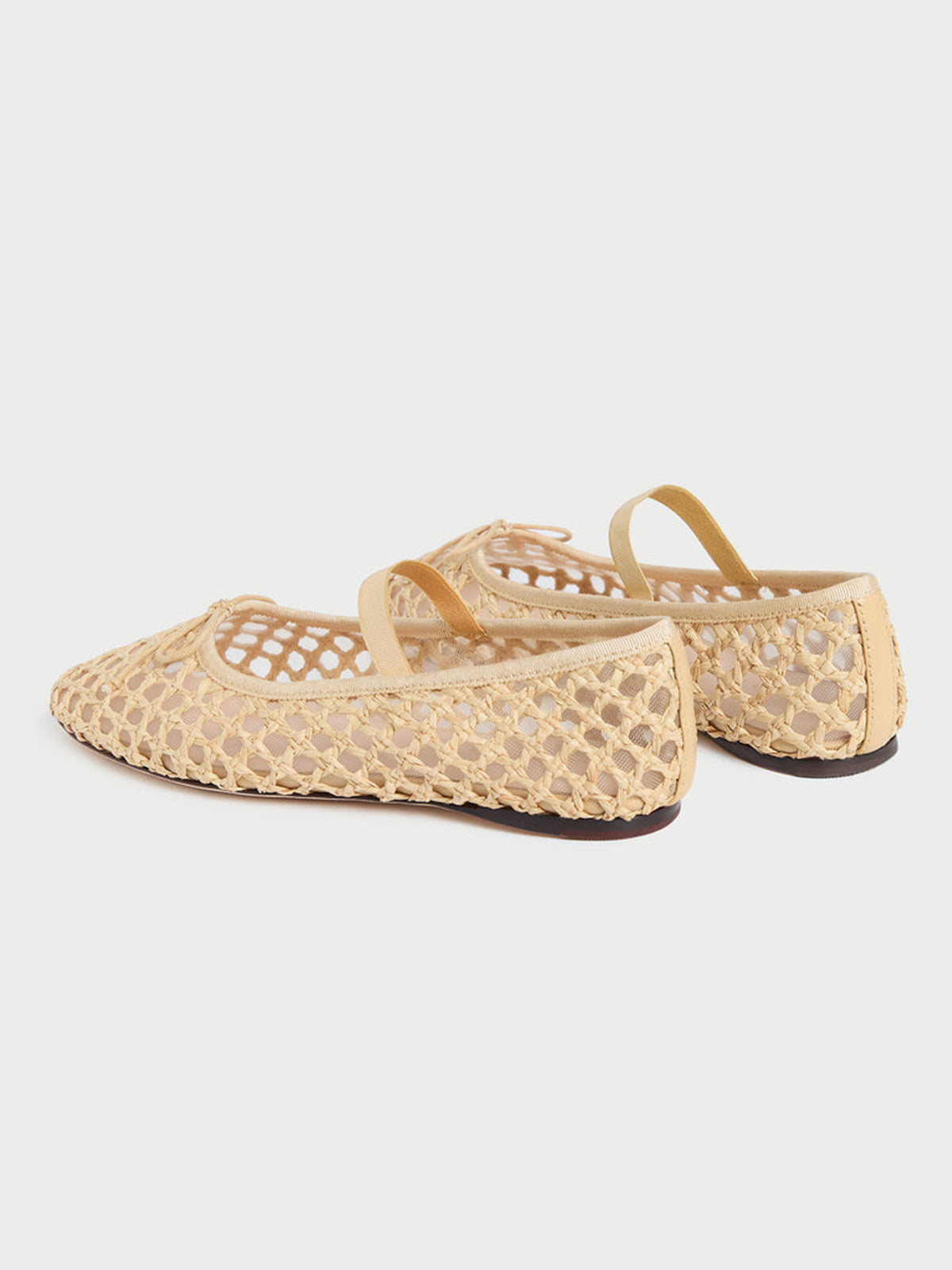 Nude Woven And Mesh Round-Toe Front Bow And Middle Strap Ballet Flats