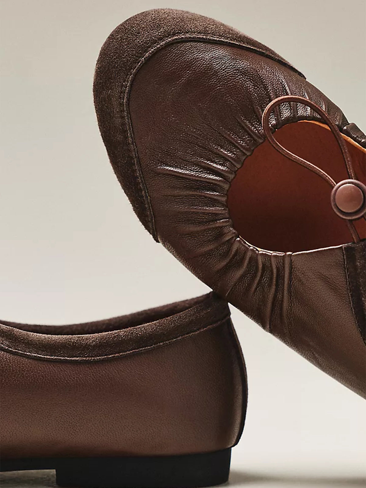 Chocolate Faux Suede And Vegan Leather Round-Toe Mary Jane Ballet Flats