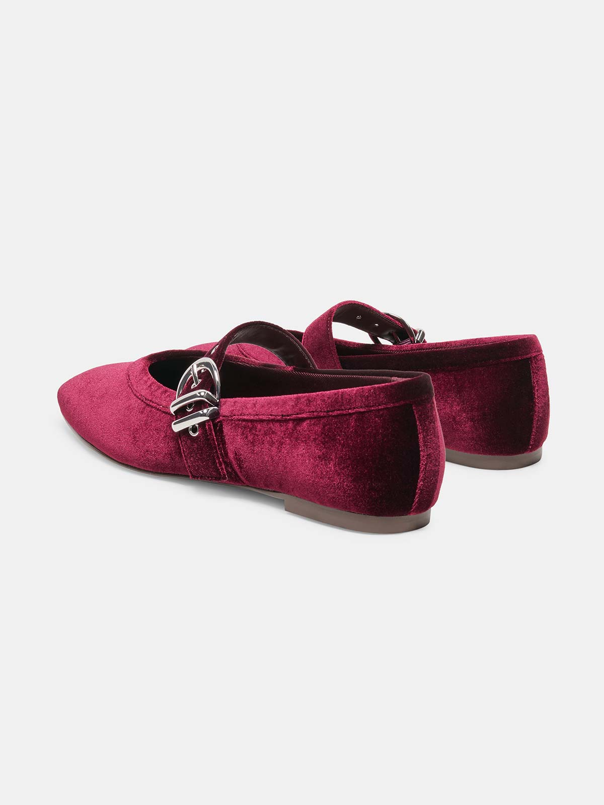 Wine Red Pleuche Square-Toe Buckle Mary Jane Ballet Flats