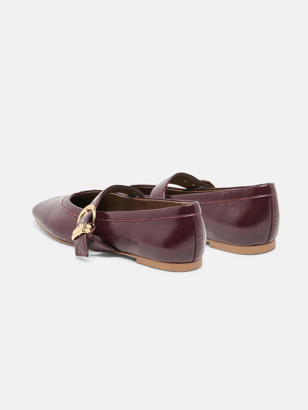 Burgundy Square-Toe Buckle Mary Jane Strap Ballet Flats