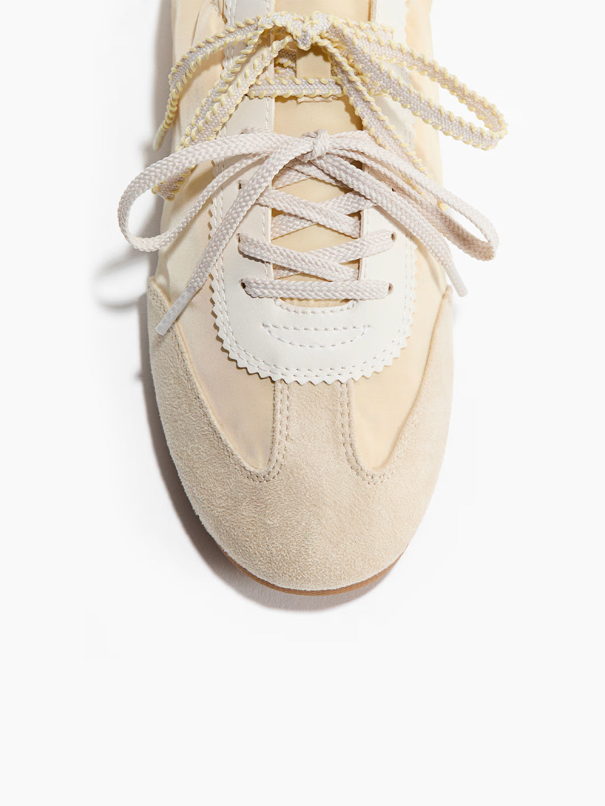 Light Yellow Satin And Cow Suede And Cow Leather Round-Toe Lace-Up Flats Sneakers