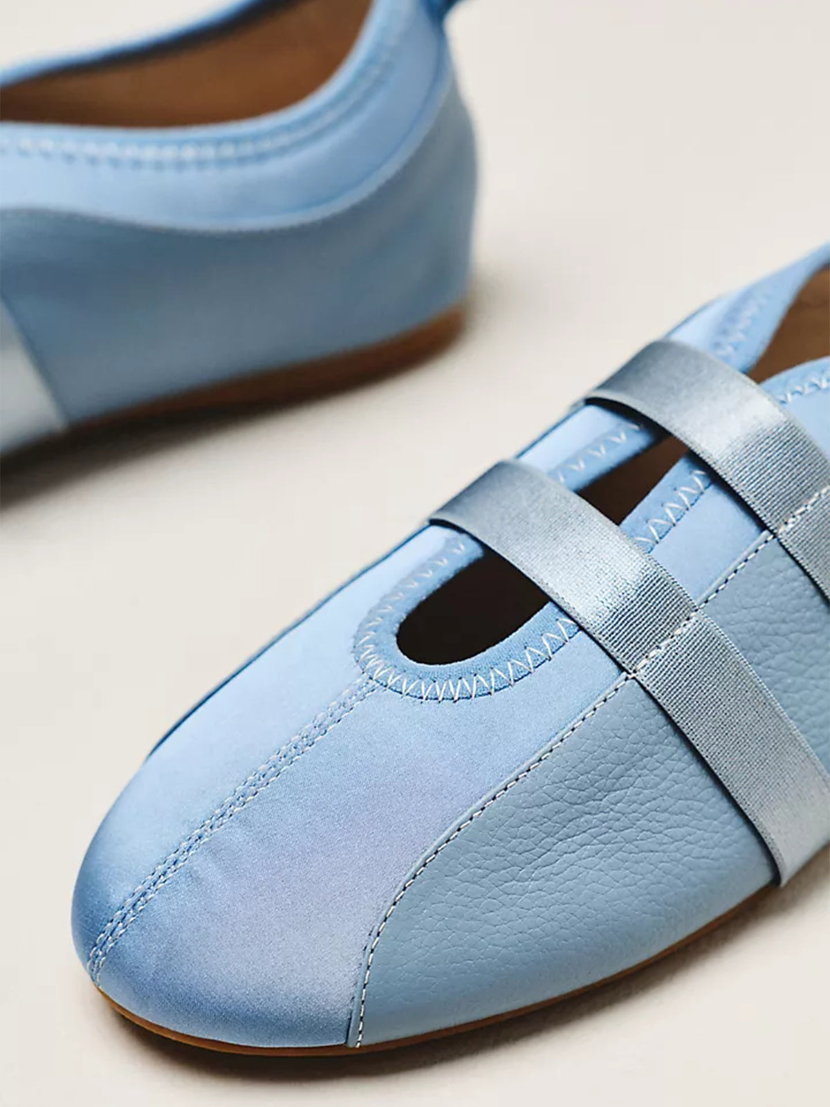 Blue Vegan Leather And Satin Round-Toe Double Middle Strap Sporty Ballet Sneakers