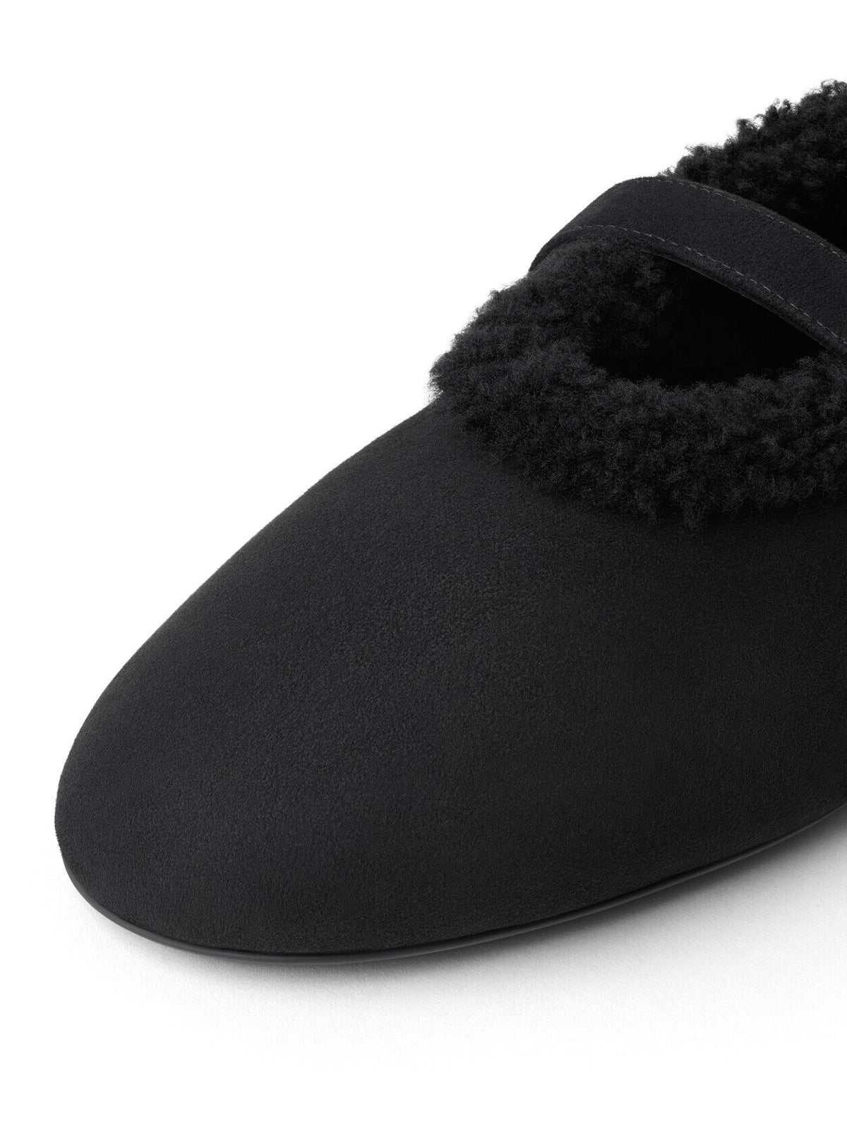 Black Faux Suede And Plush Round-Toe Mary Jane Slip-On Flats