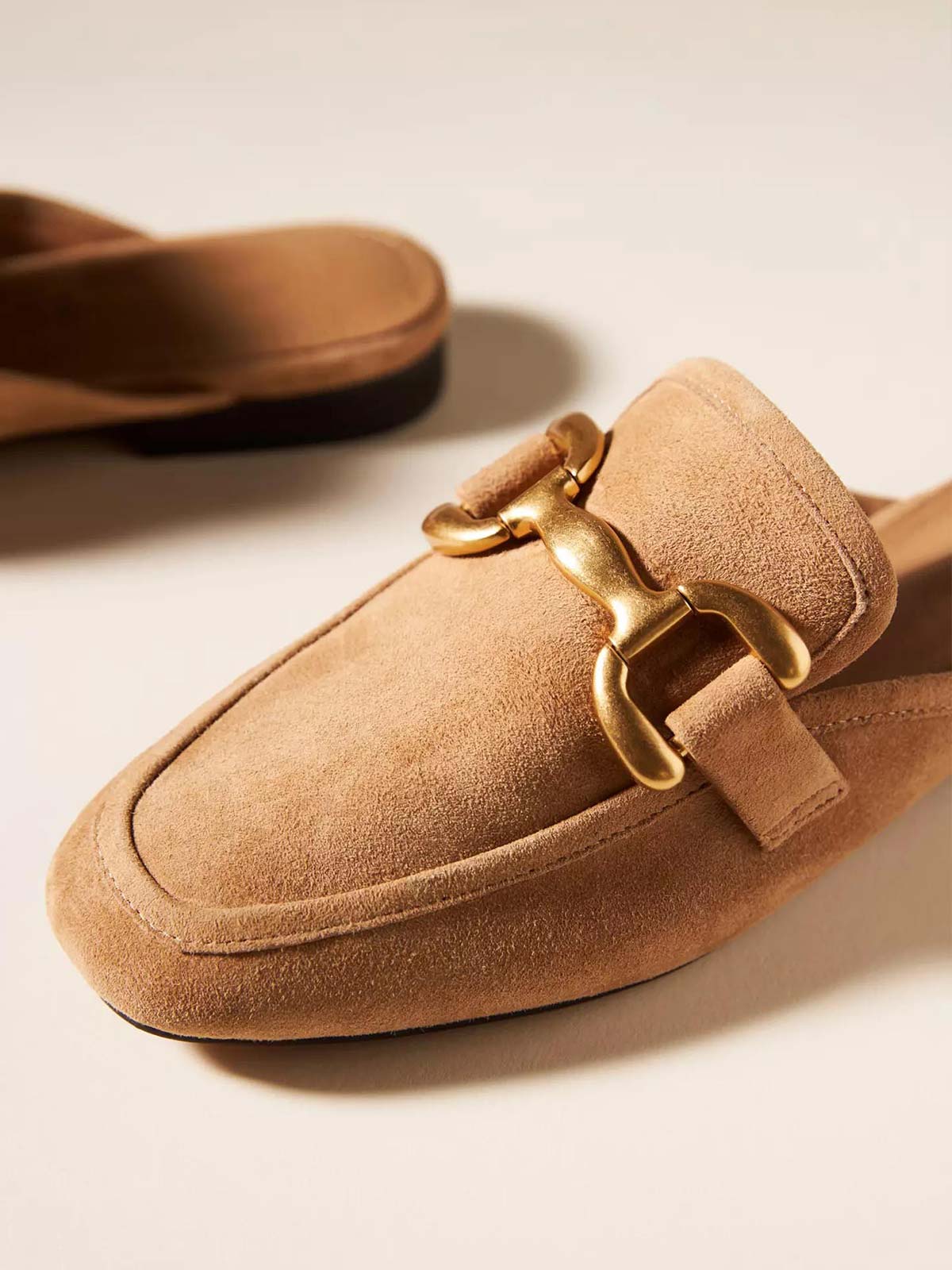 Camel Faux Suede Square-Toe Slip-On Backless Loafers Flats