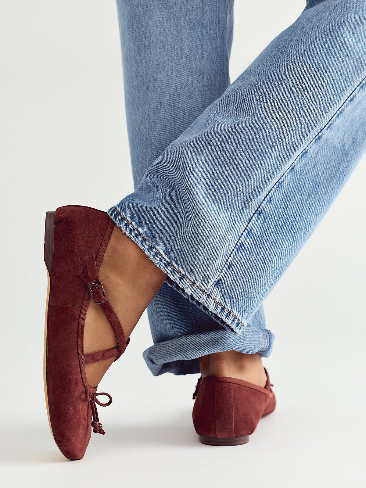 Dark Brown Faux Suede Round-Toe Front Bow Crossed Straps Ballet Flats