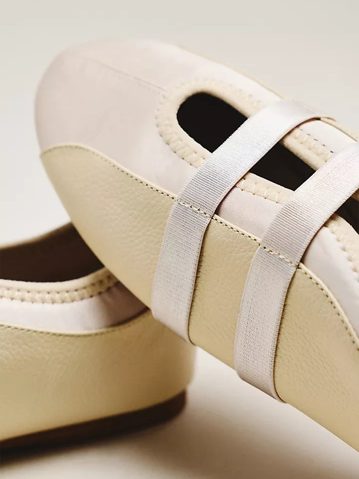 Cream Vegan Leather And Satin Round-Toe Double Middle Strap Sporty Ballet Sneakers