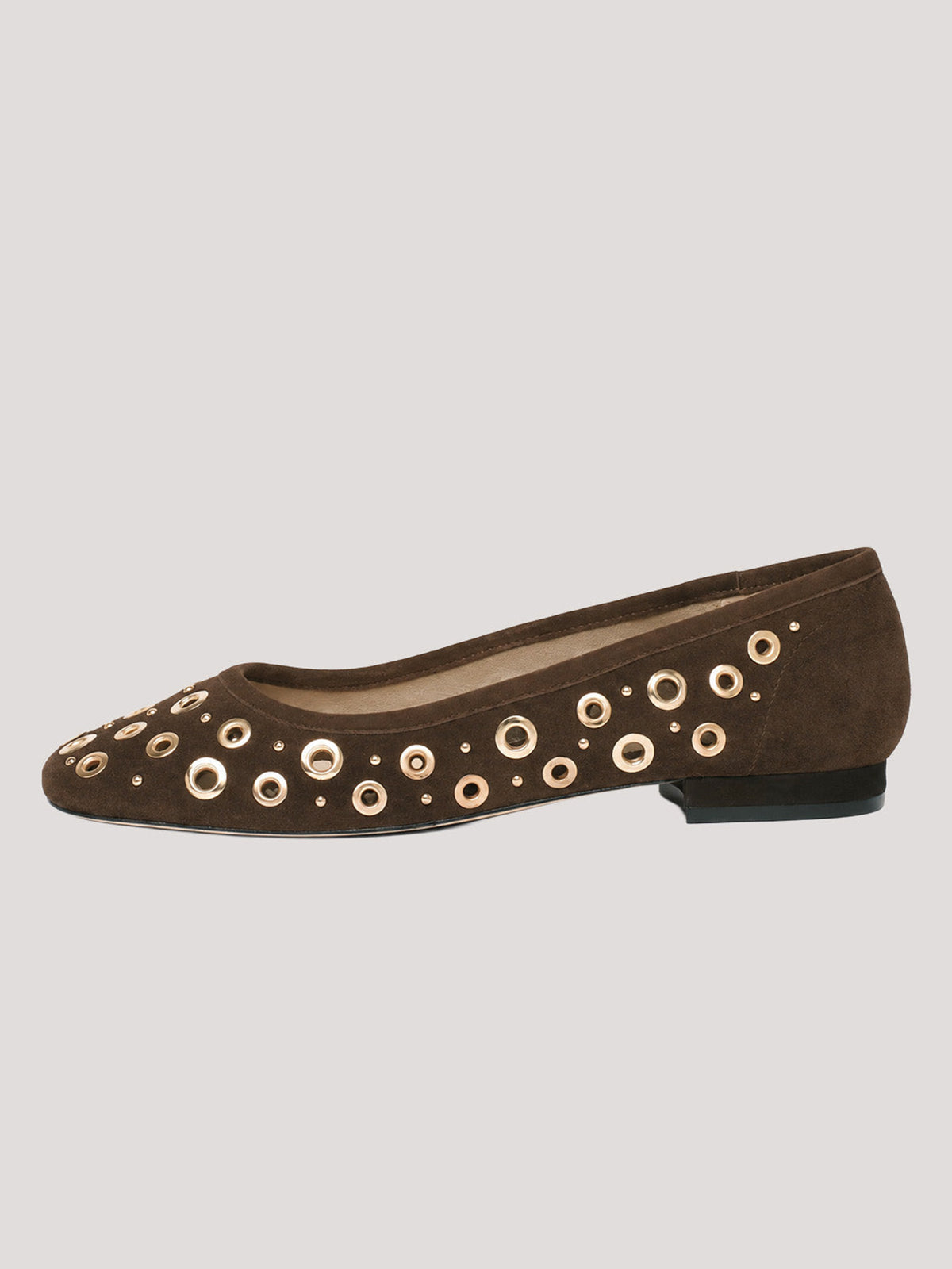 Chocolate Faux Suede Square-Toe Studs And Eyelets Slip-On Ballet Flats