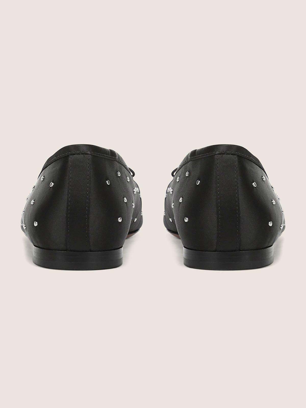 Black Satin Square-Toe Front Bow Studded Chic Ballet Flats