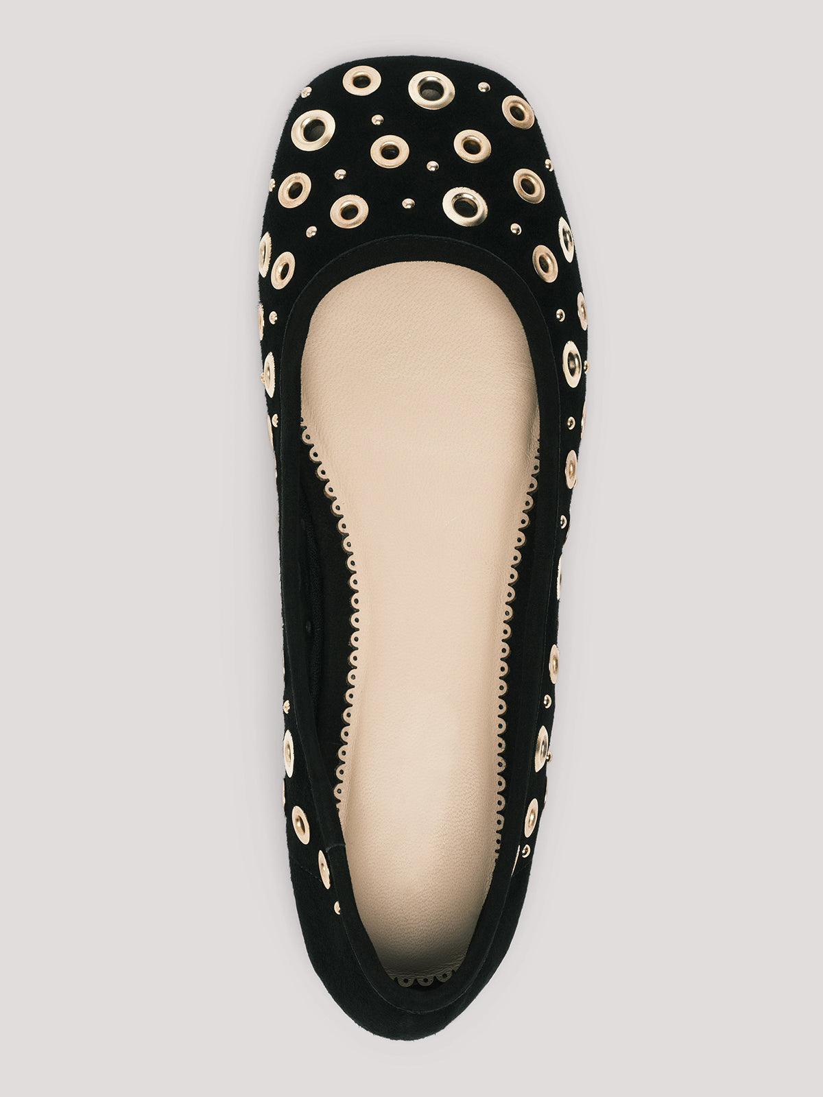 Black Faux Suede Square-Toe Studs And Eyelets Slip-On Ballet Flats