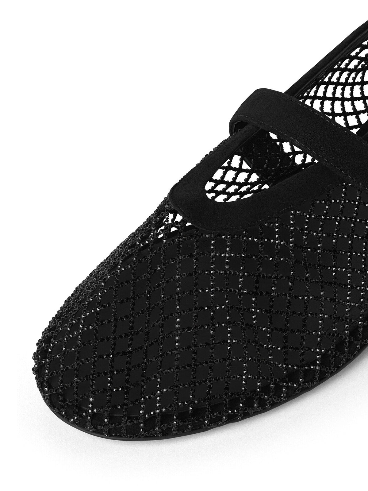 Black Mesh And Faux Suede Round-Toe Buckle Mary Jane Ballet Flats
