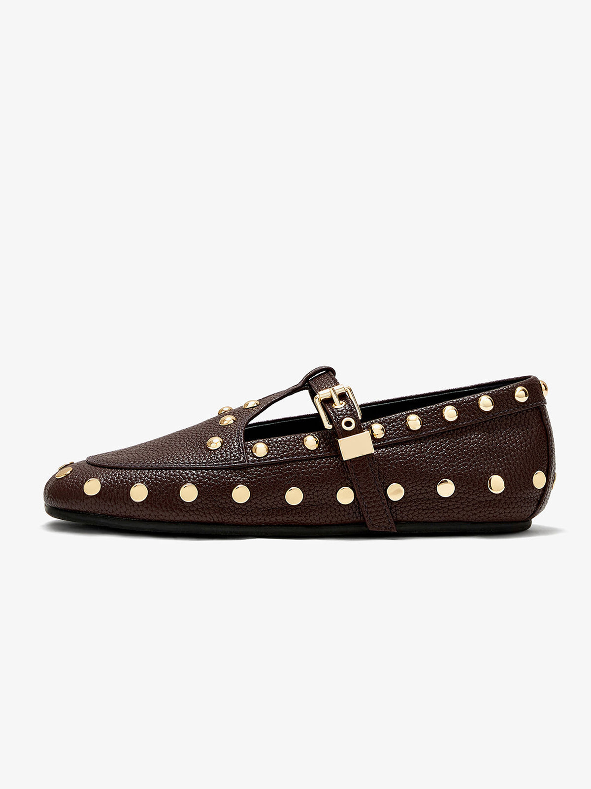 Coffee Round-Toe Studs And Middle Strap Chic Flats