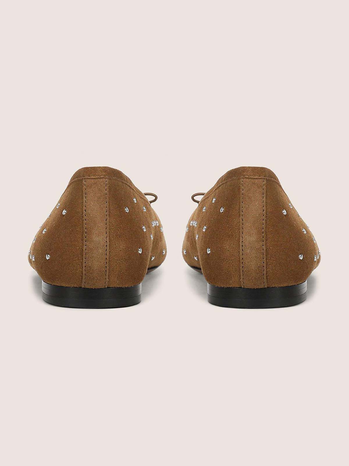 Brown Faux Suede Square-Toe Front Bow Studded Chic Ballet Flats