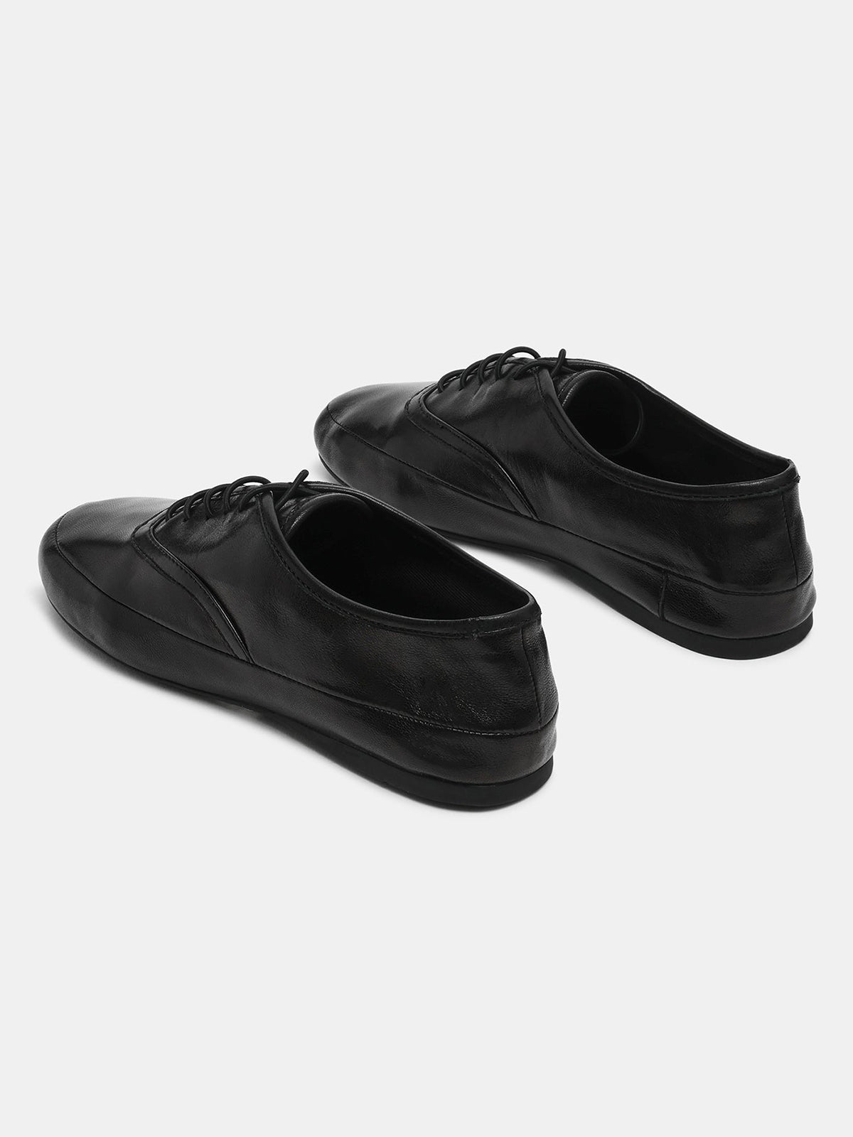 Black Round-Toe Lace-Up Slip-On Chic Flats
