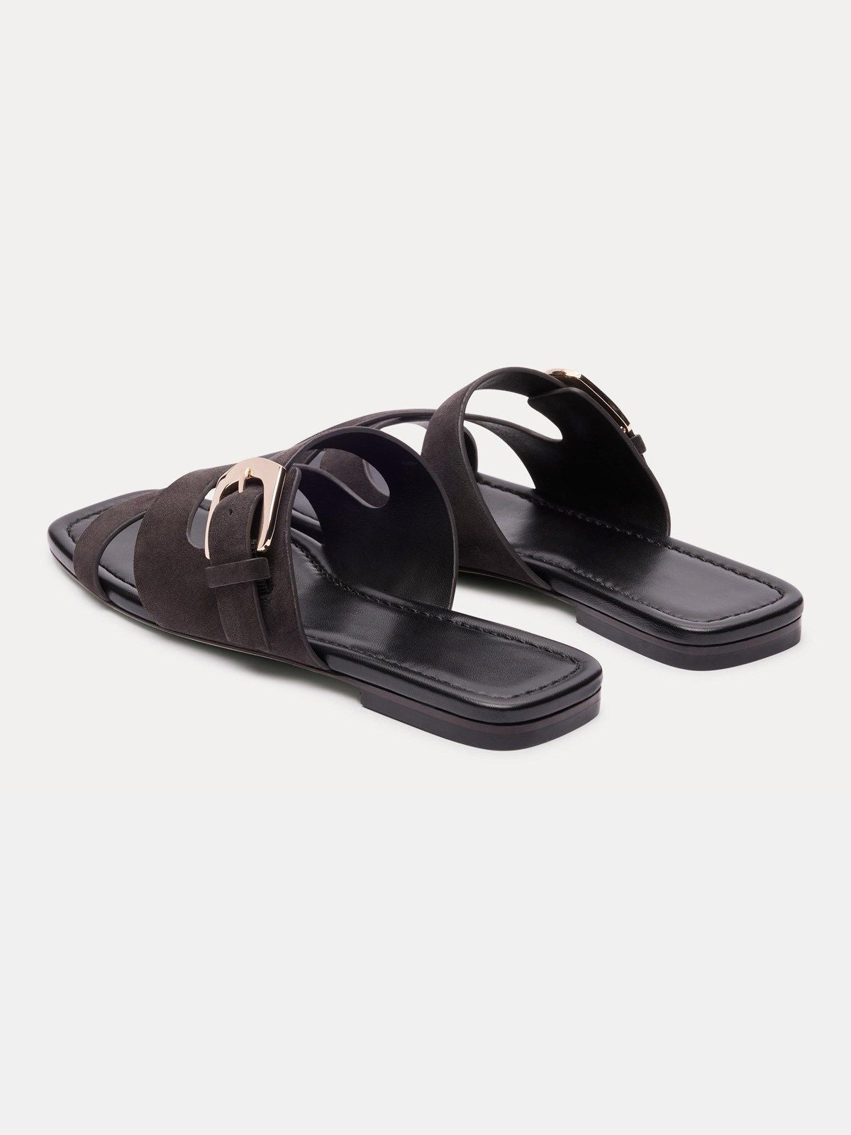 Dark Gray Faux Suede Square-Toe Slip-On Buckle Slide Sandal Flats