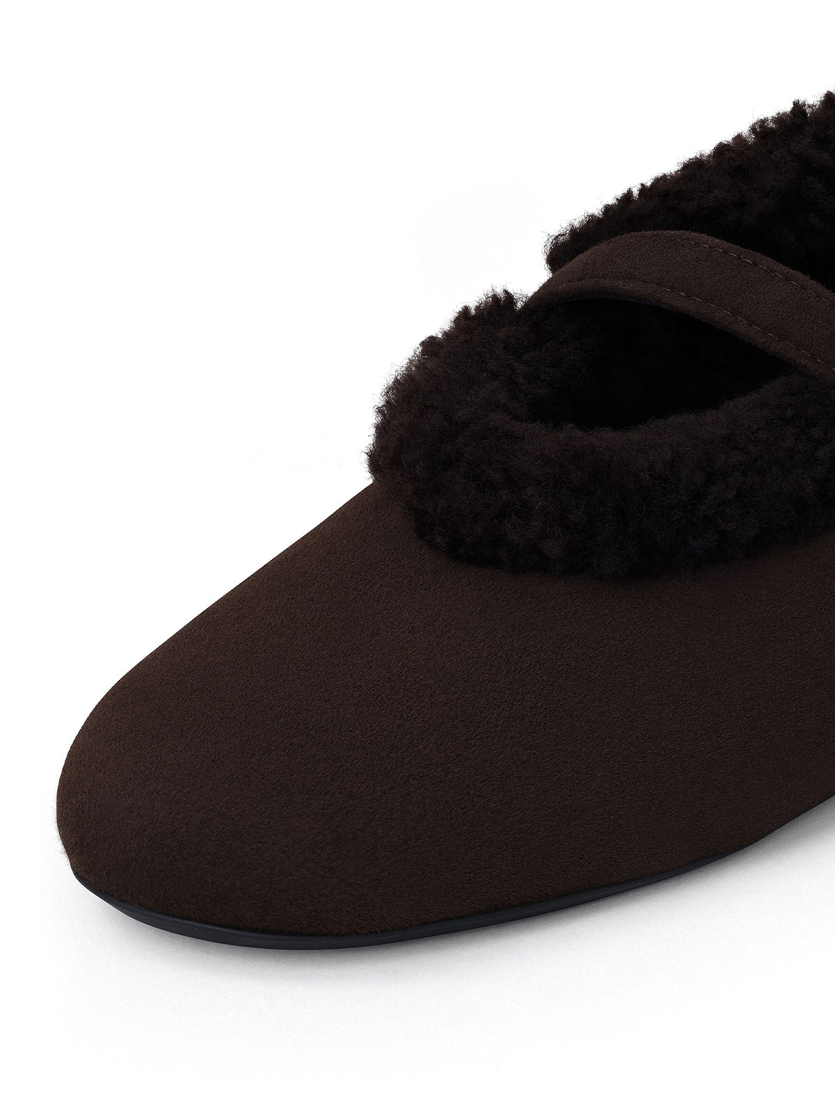 Coffee Faux Suede And Plush Round-Toe Mary Jane Slip-On Flats