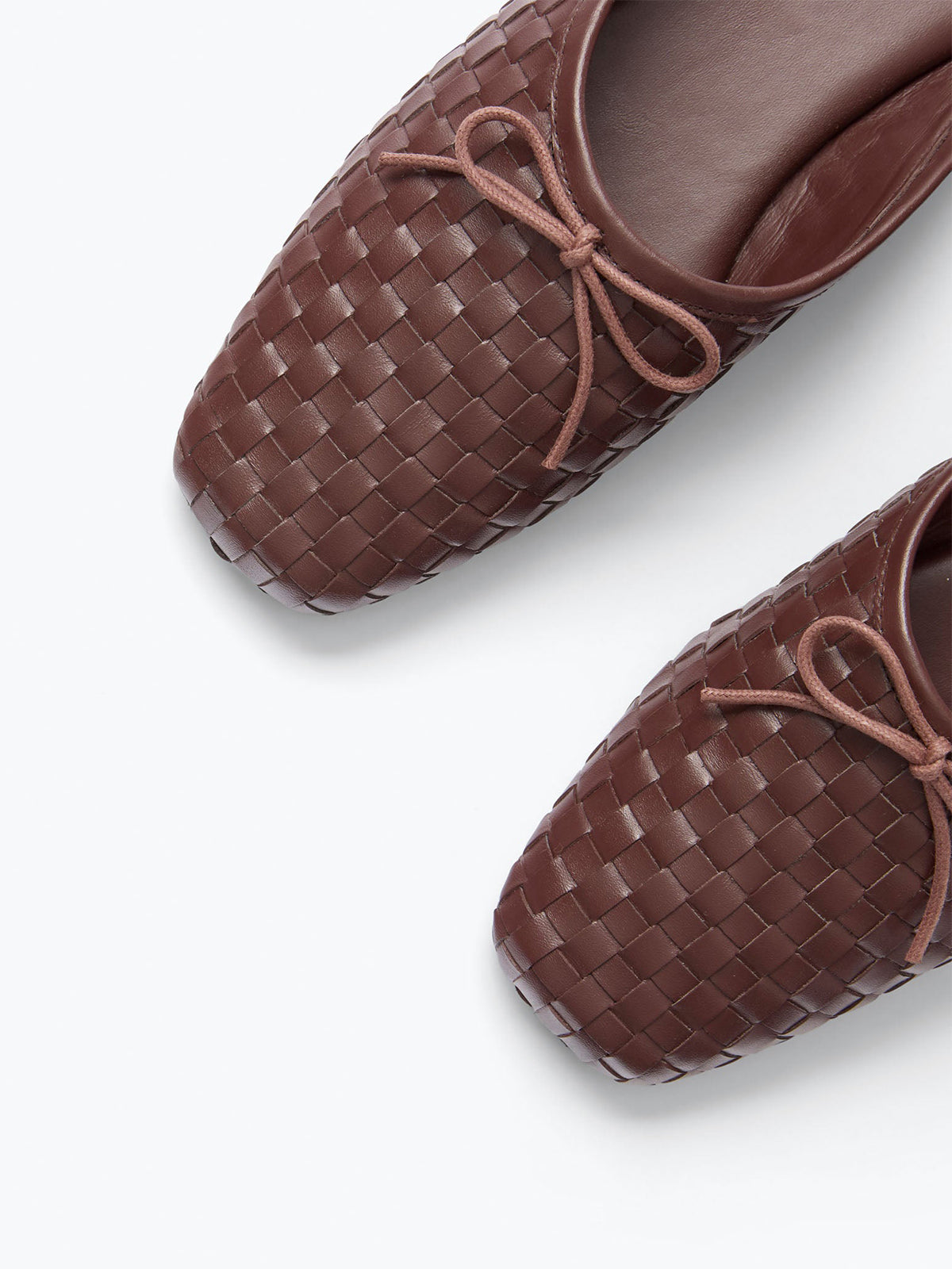 Woven Vegan Leather Square-Toe Front Bow Slip-On Backless Flats - Coffee