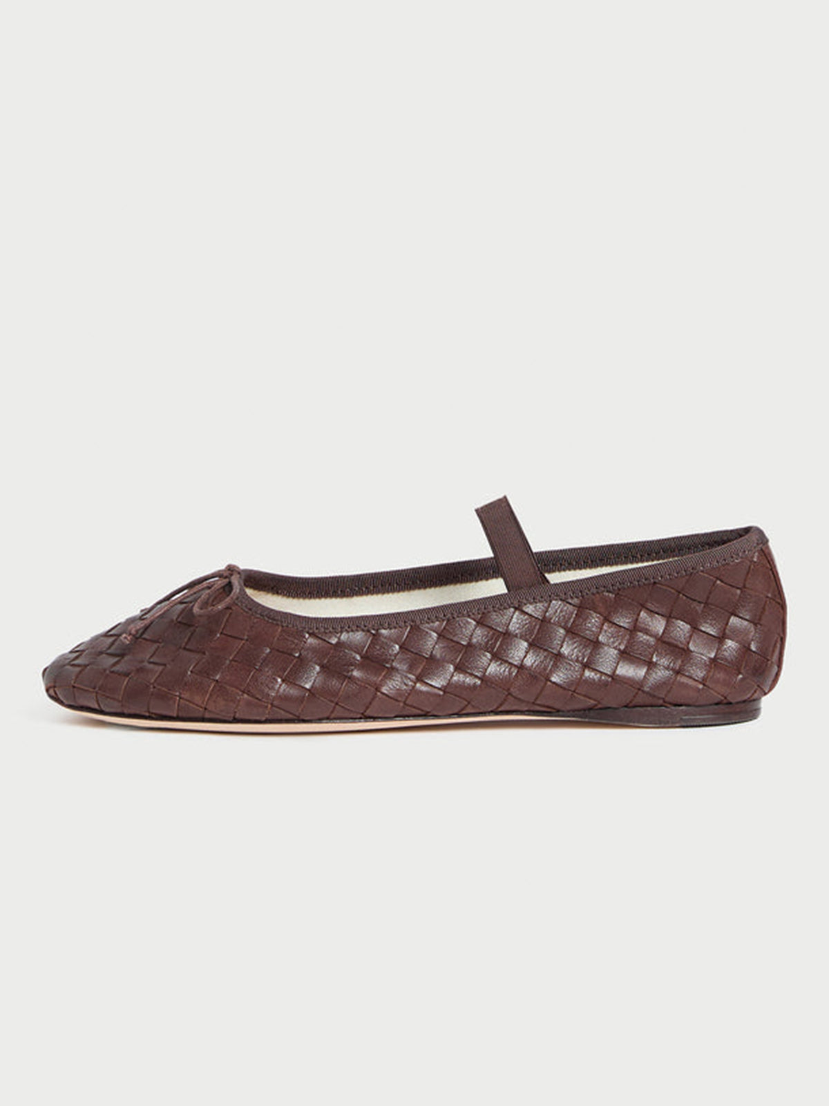 Coffee Woven Vegan Leather Round-Toe Front Bow And Middle Strap Ballet Flats