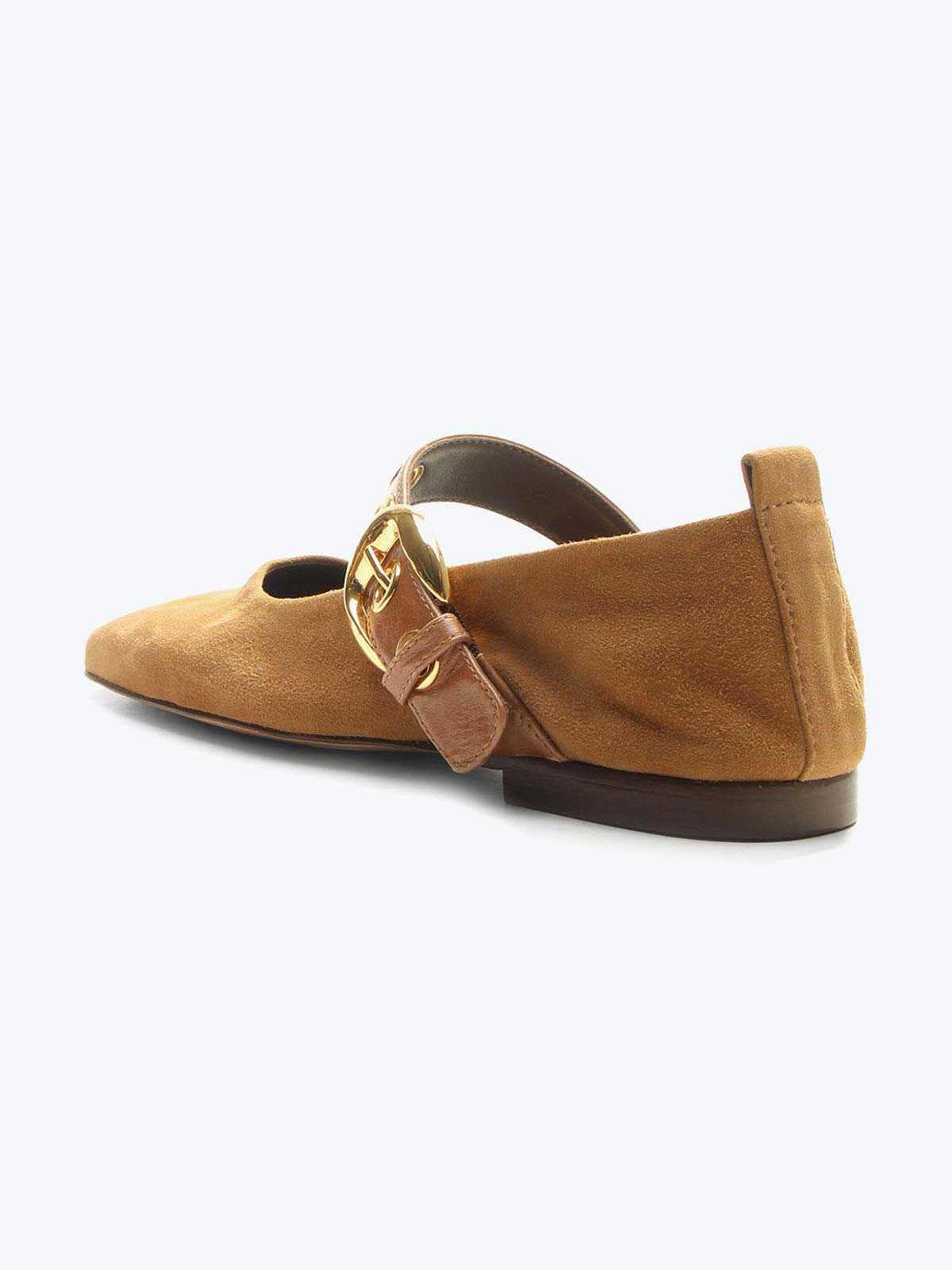 Tan Faux Suede Square-Toe Buckle Wide Mary Jane Strap Ballet Flats