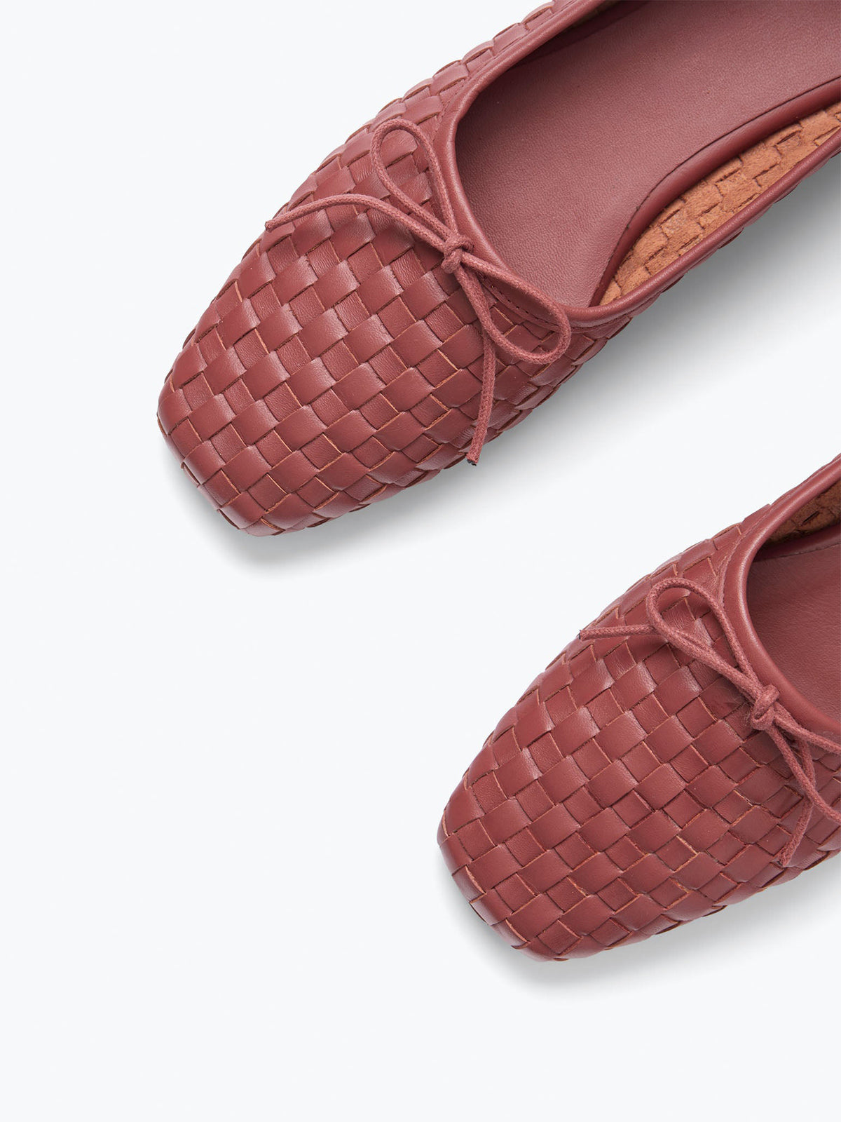 Woven Vegan Leather Square-Toe Front Bow Slip-On Ballet Flats - Brick Brown