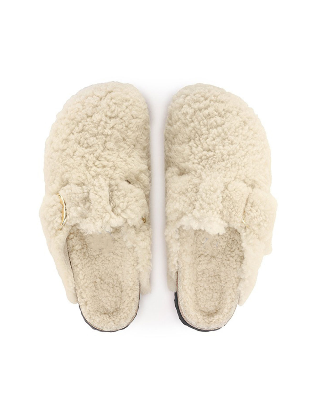 White Faux Shearling Big Buckle Teddy Cork Clogs Rounded Toe Backless Slippers Flats Mules