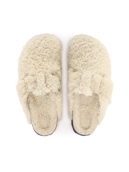 White Faux Shearling Big Buckle Teddy Cork Clogs Rounded Toe Backless Slippers Flats Mules