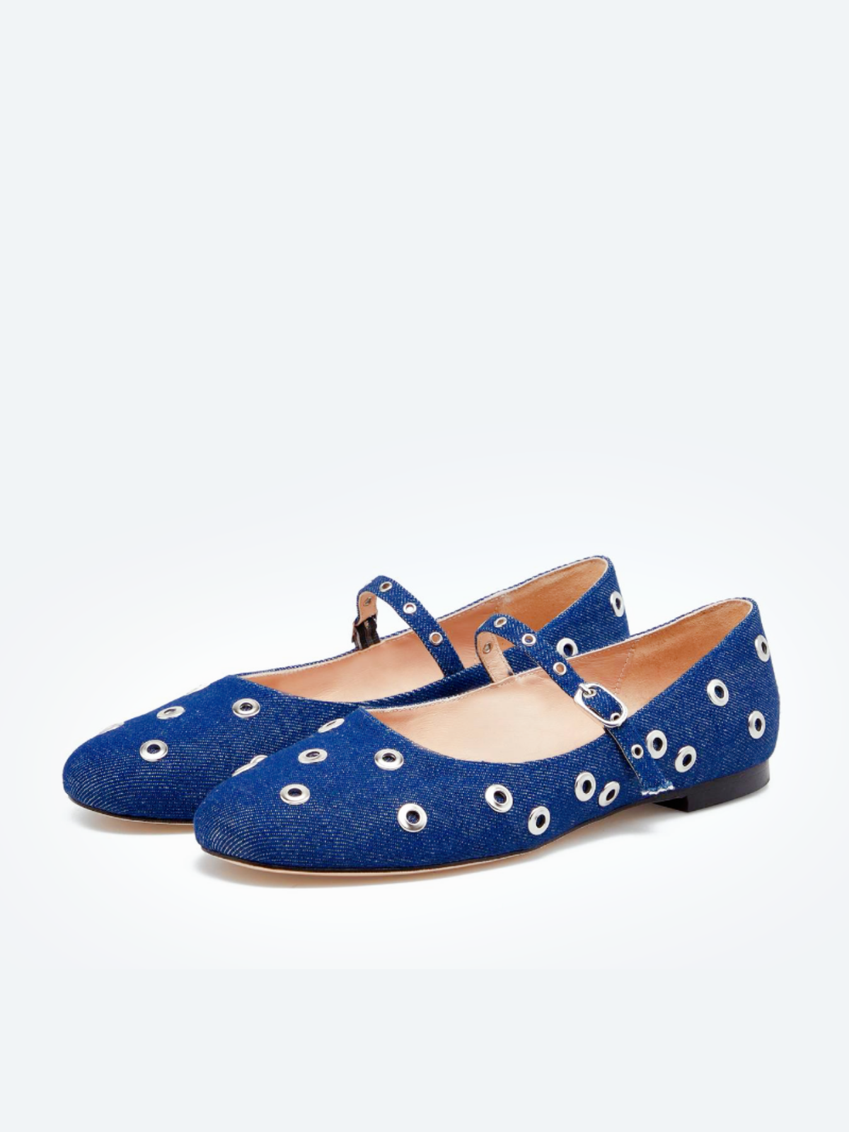 Blue Denim Studded Grommet Eyelet Round-Toe Ballet Flats Mary Janes