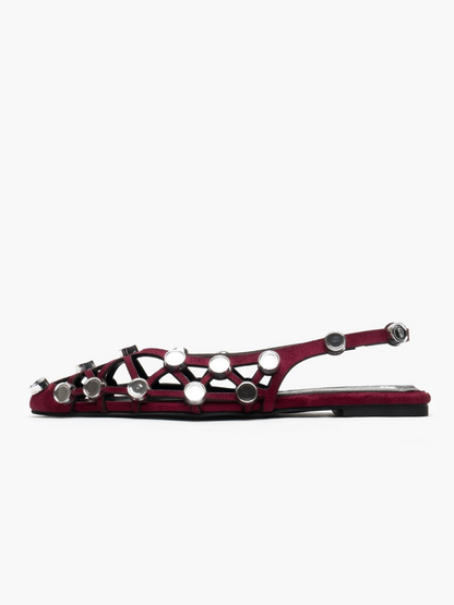 Claret Red Grid Embellished Faux Suede Pointy Ballet Flats Slingbacks