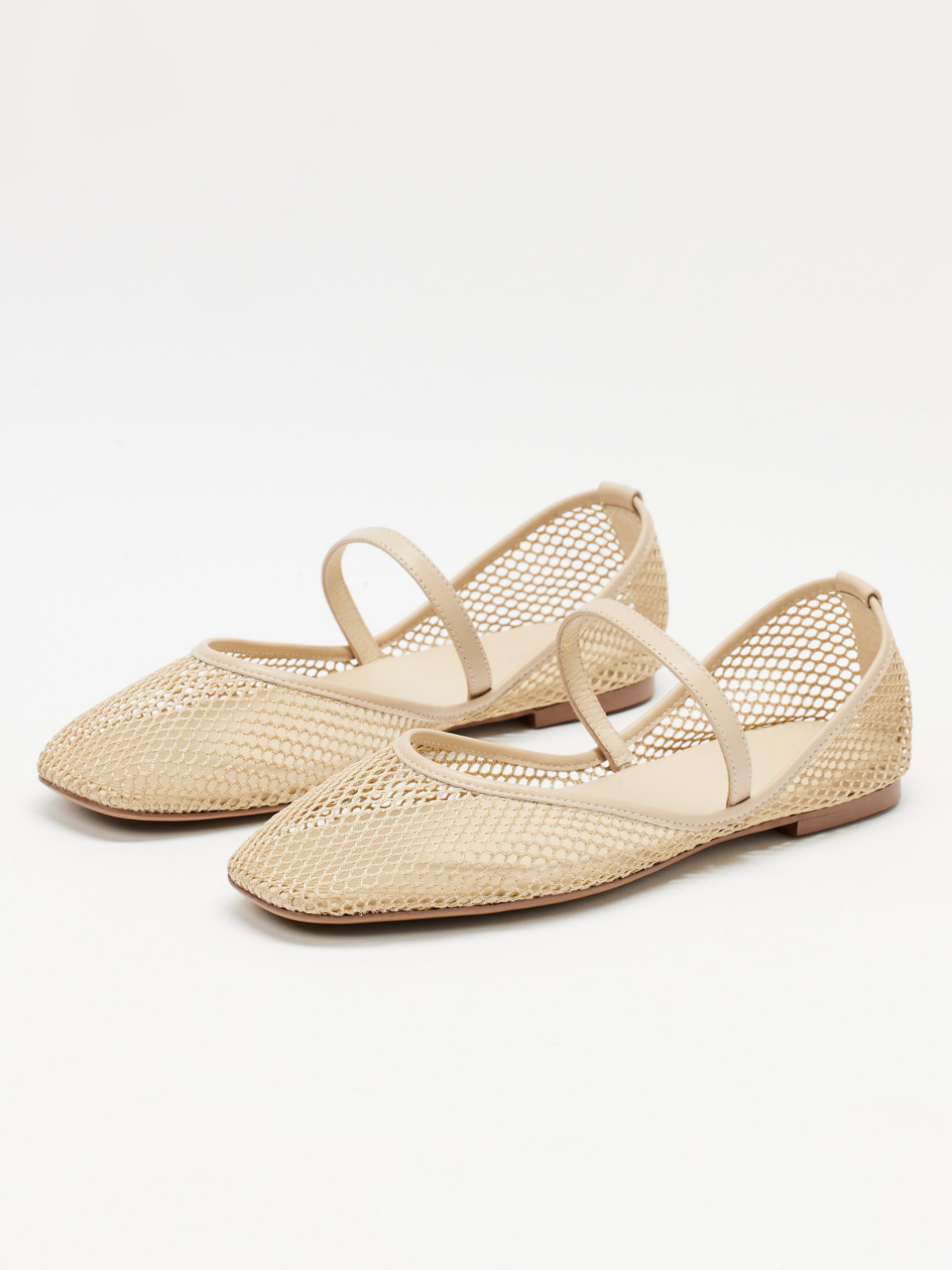 Cream Fishnet Ballet Flats Mary Janes With Square Toe