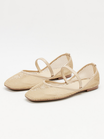 Cream Fishnet Ballet Flats Mary Janes With Square Toe