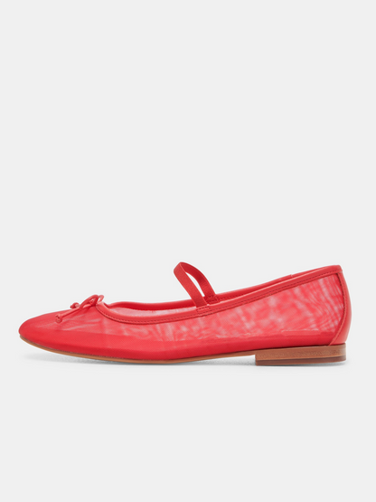 Bow Round-Toe Ballet Flats Mary Janes in Red Mesh