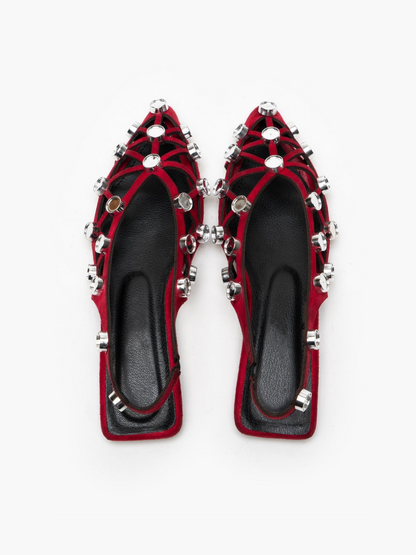 Red Grid Embellished Faux Suede Pointy Ballet Flats Slingbacks