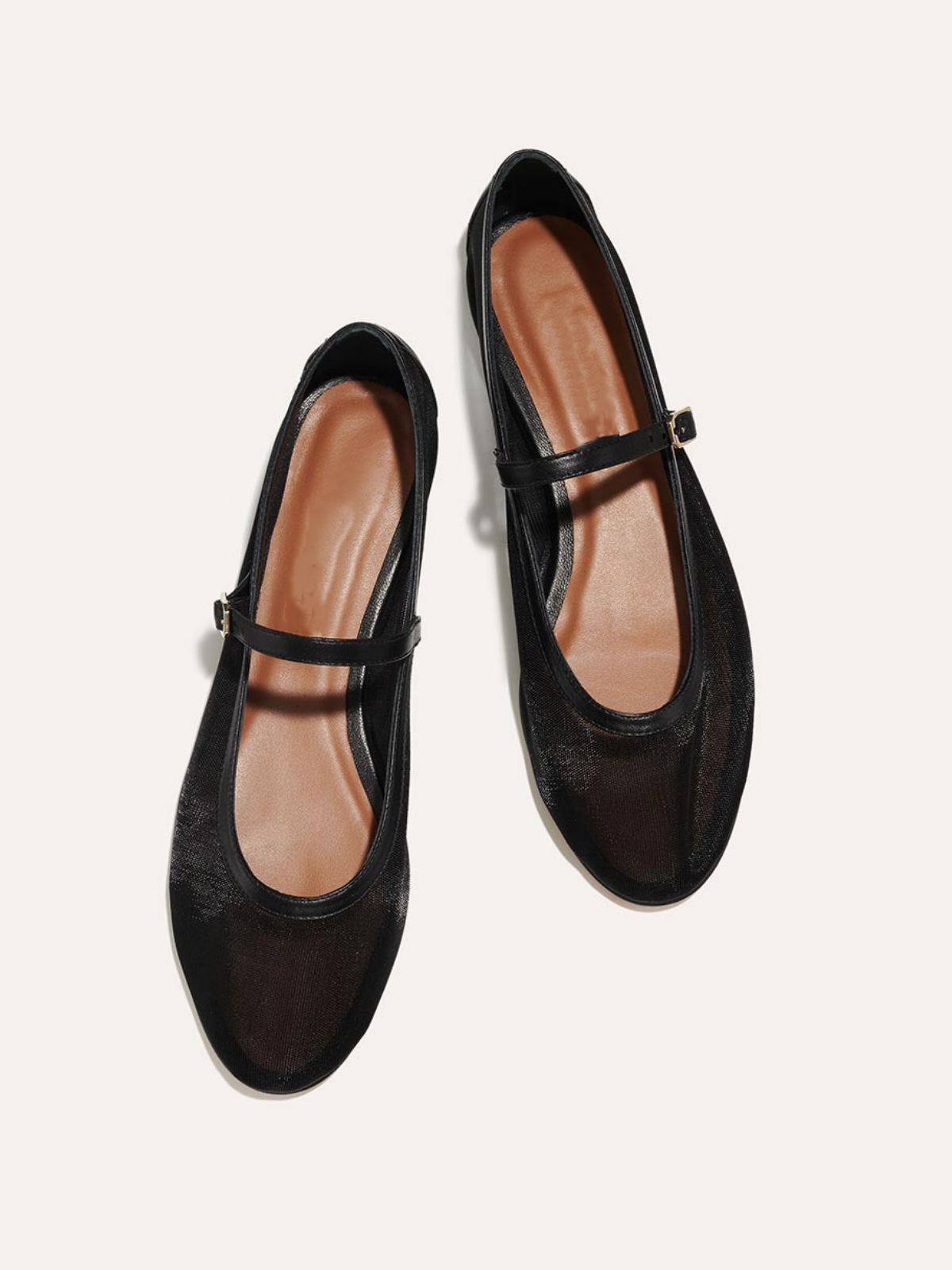 Black Mesh Round-Toe Ballet Flats Mary Janes With Buckled Strap