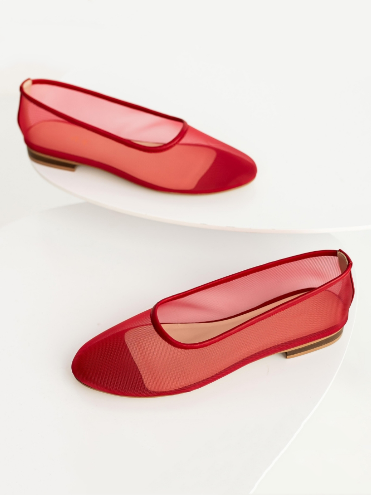 Round-Toe Slip-On Ballet Flats in Red Mesh