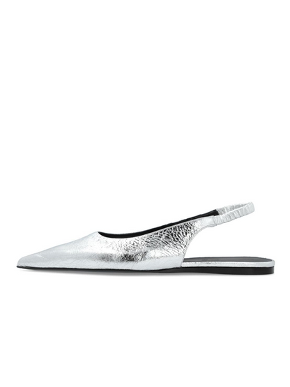 Metallic Silver Crinkle Pointed-Toe Ballet Flats Slingbacks