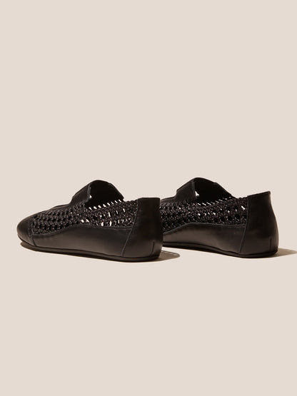 Black Woven Vegan Leather Round-Toe Chic Mary Jane Flats