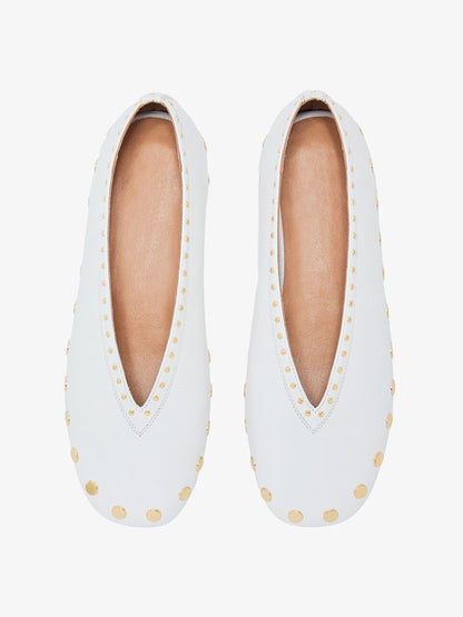 White Square-Toe Side Studs Slip-On Ballet Flats