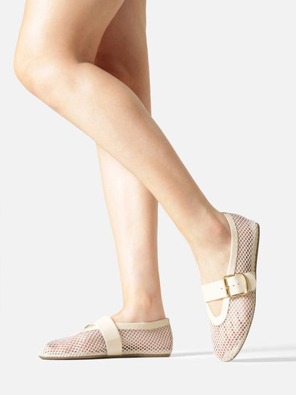 Ivory Mesh Round-Toe Buckle Wide Strap Slip-On Ballet Flats