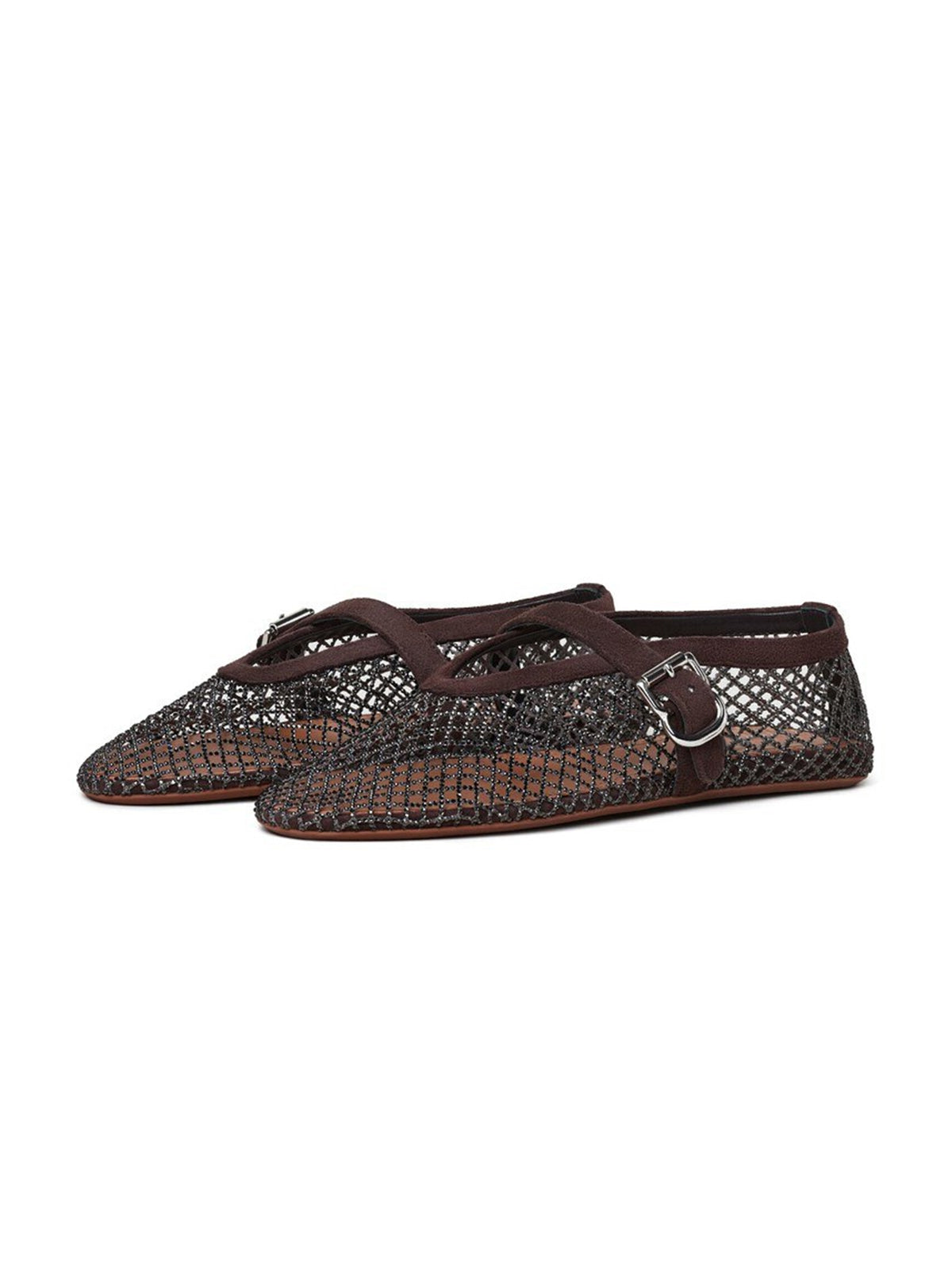 Brown Mesh And Faux Suede Round-Toe Buckle Mary Jane Ballet Flats