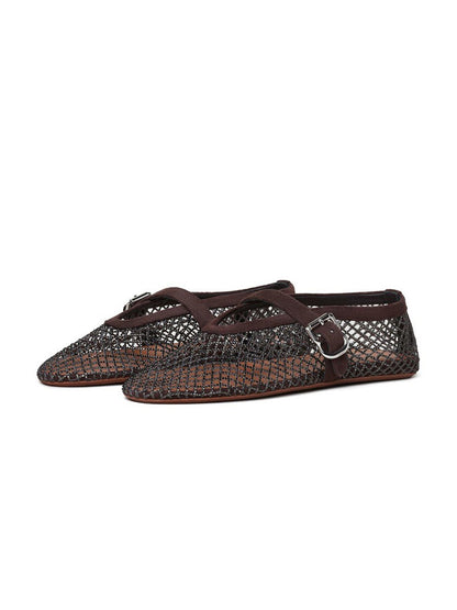 Brown Mesh And Faux Suede Round-Toe Buckle Mary Jane Ballet Flats