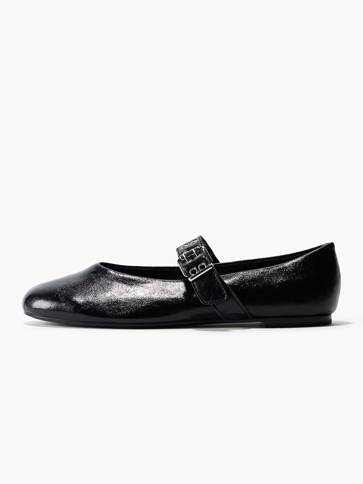 Black Round-Toe Middle Strap With Eyelets Ballet Flats