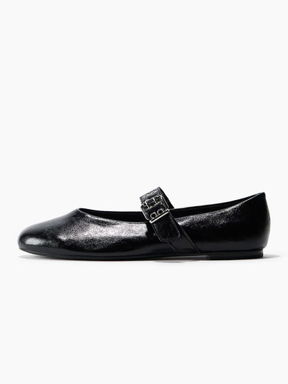 Black Round-Toe Middle Strap With Eyelets Ballet Flats