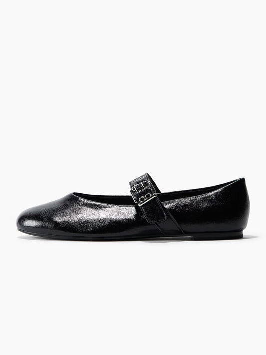 Black Round-Toe Middle Strap With Eyelets Ballet Flats
