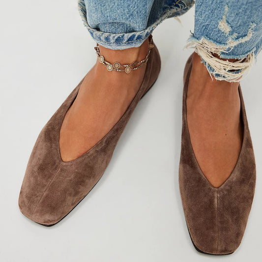 Faux Suede Square-Toe Slip-On Ballet Flats - Taupe