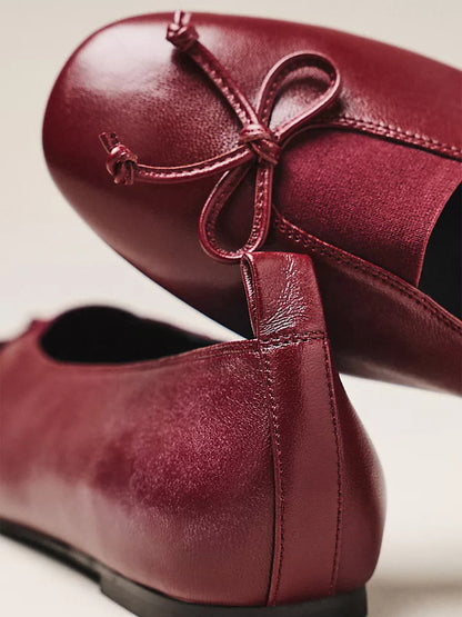 Burgundy Square-Toe Front Bow Elastic Ballet Flats