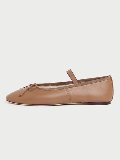 Khaki Vegan Leather Round-Toe Mary Jane Front Bow Ballet Flats