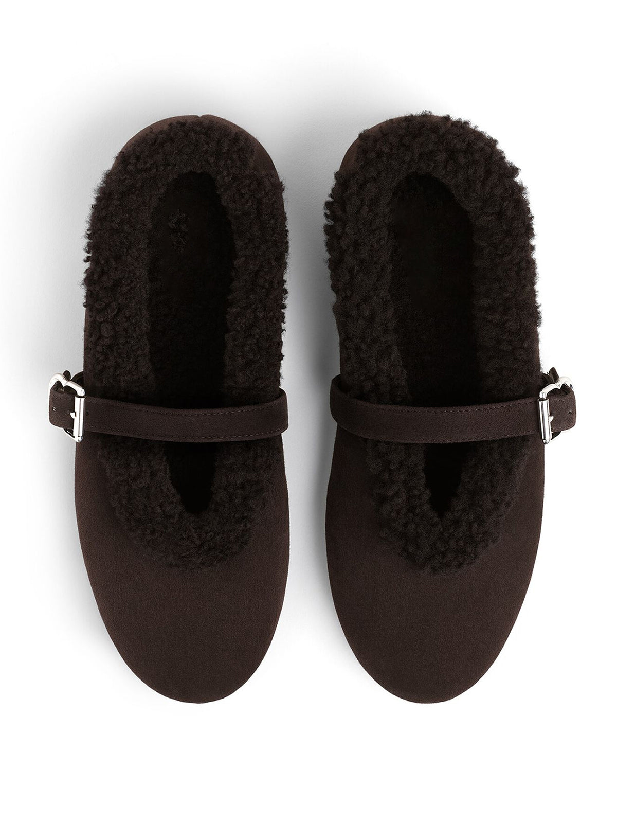 Coffee Faux Suede And Plush Round-Toe Mary Jane Slip-On Flats