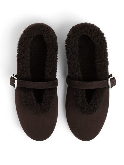 Coffee Faux Suede And Plush Round-Toe Mary Jane Slip-On Flats
