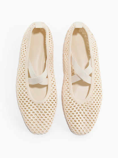 Light Beige Grass Woven Square-Toe Middle Crossed Straps Ballet Flats